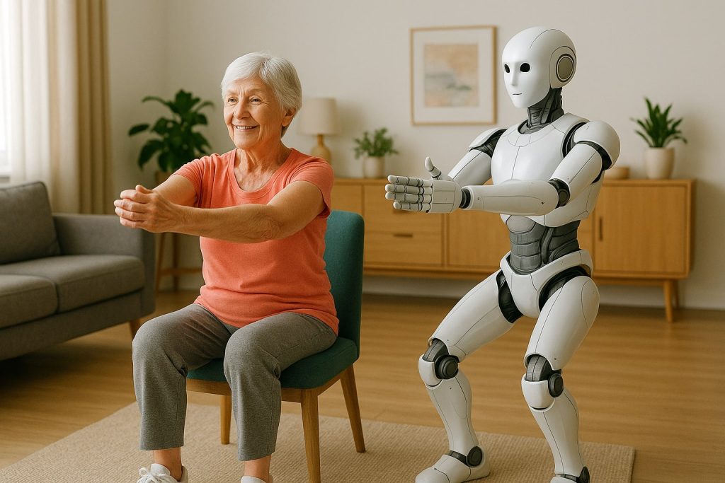 An image of a robot helper assisting a senior.