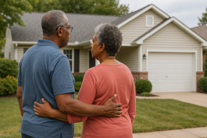 A couple looking at their family home as they consider downsizing