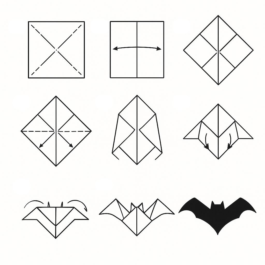 An illustration on the step by step guide to creating an origami bat.