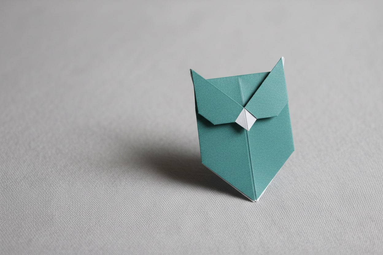 Simple origami owl on light gray fabric surface.