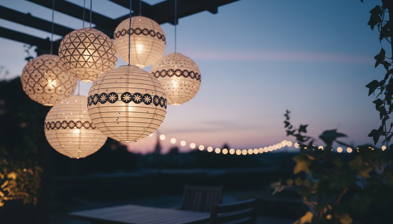 Evening patio cluster of hanging paper lanterns at staggered heights with warm LEDs.