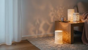 An image of paper lanterns in a bedroom using LED tea lights.