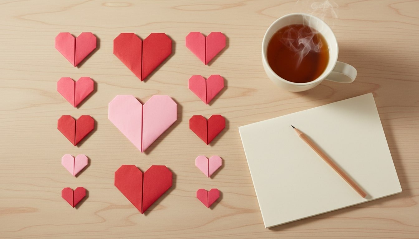A warm, cozy flat-lay with several completed red and pink origami hearts on a light wooden table, next to a cup of tea, a simple notebook, and a pencil in soft afternoon light.