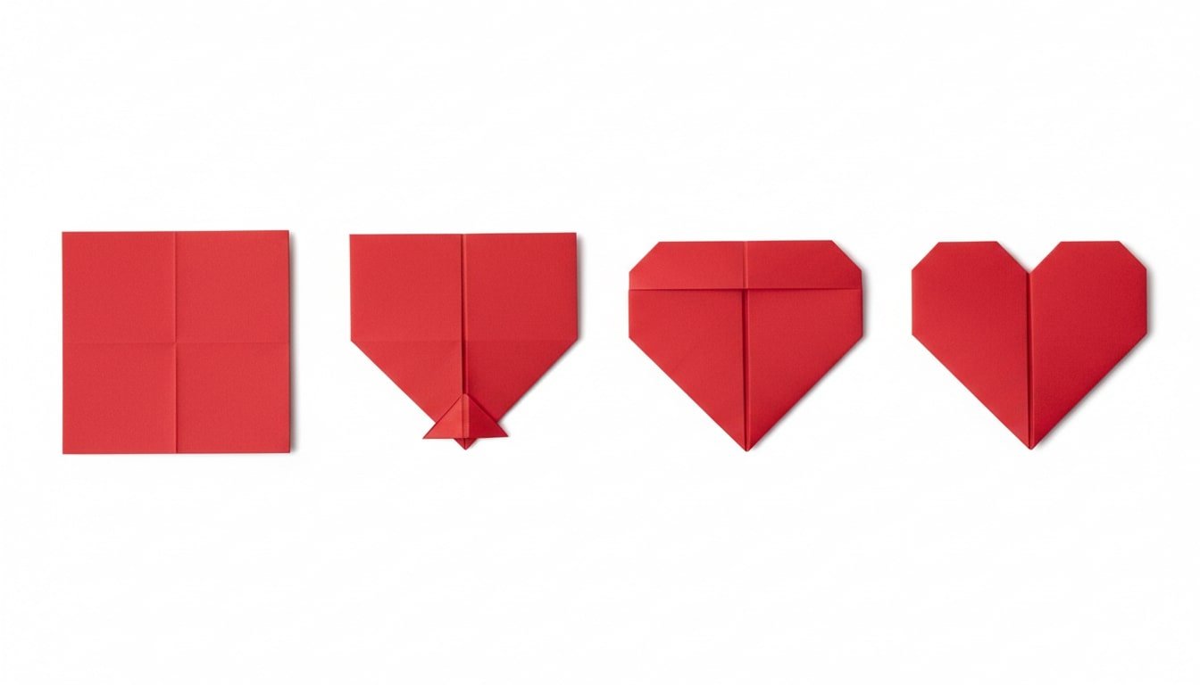 A clean, modern instructional-style image showing four stages of folding a red origami heart from left to right on a pure white background, from flat square to finished heart, no hands or text.