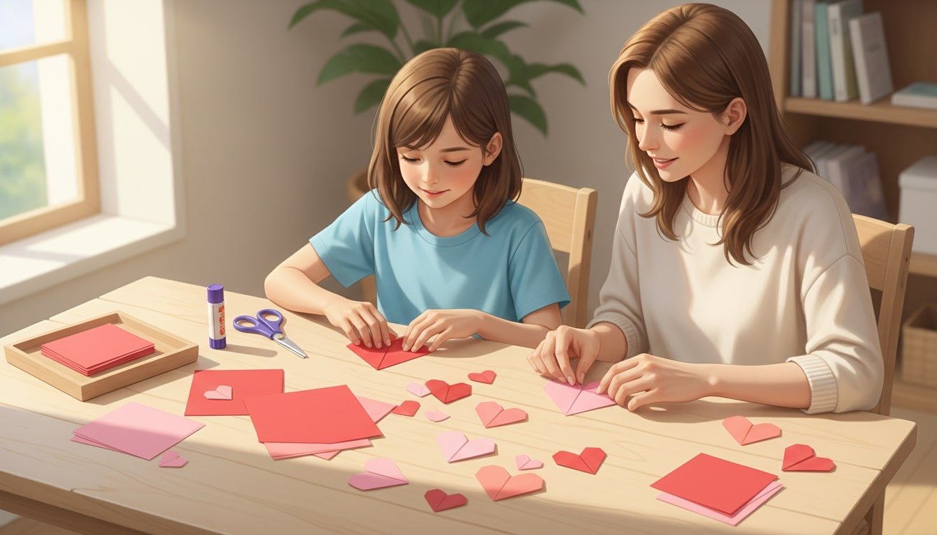 A cheerful scene of a child and an adult at a table folding red and pink origami hearts together, viewed slightly from above, with warm natural light and a softly blurred home background.