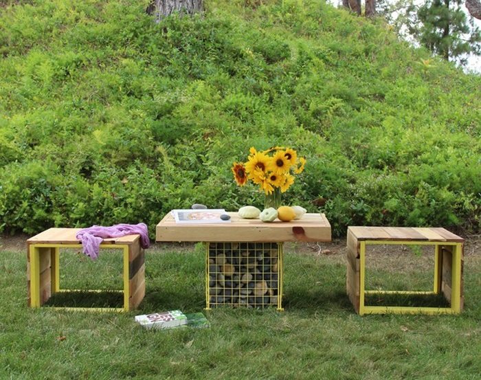 Outdoor Wood Bench Gabion Table