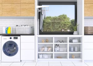 Integrate pull-out baskets into your shelving unit.