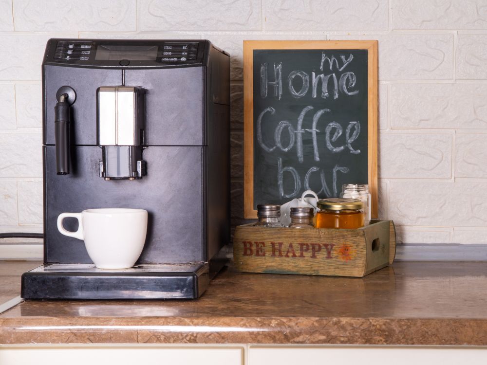 An image of a compact coffee station for minimalist coffee bar ideas. 