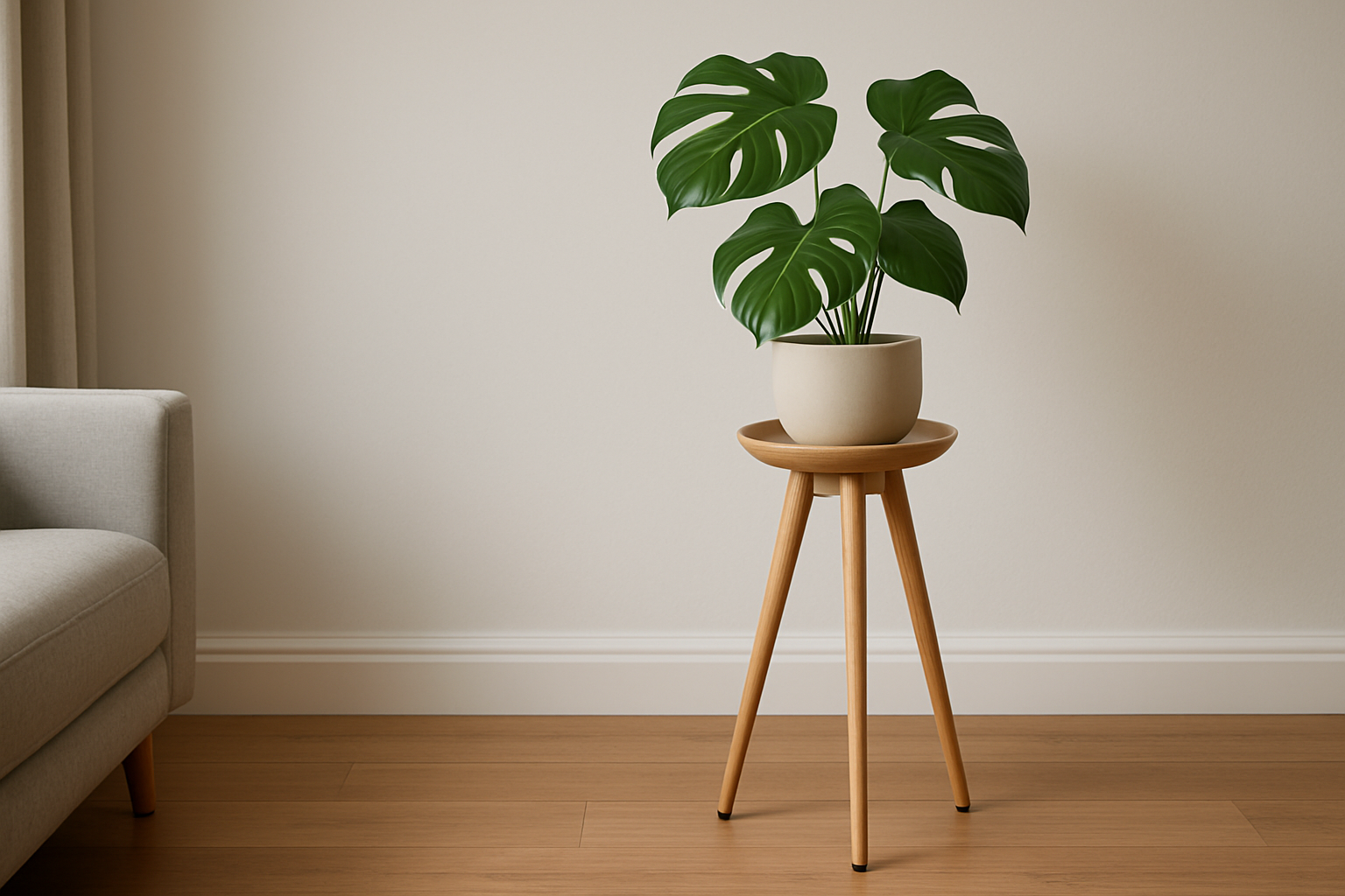 An image of a wood tripod plant holder.