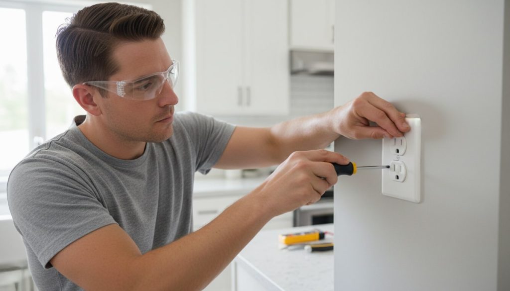 A homeowner in a modern kitchen, wearing safety glasses, using a screwdriver to install a white GFCI outlet with clearly visible TEST and RESET buttons.