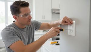 A homeowner in a modern kitchen, wearing safety glasses, using a screwdriver to install a white GFCI outlet with clearly visible TEST and RESET buttons.