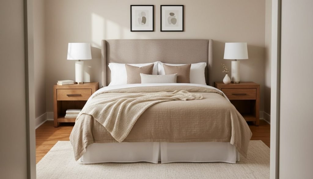 A Cozy, stylish modern transitional bedroom in soft morning light image for an article about how to decorate a bedroom.