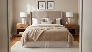 A Cozy, stylish modern transitional bedroom in soft morning light image for an article about how to decorate a bedroom.
