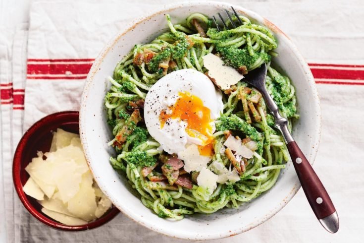 Bacon and Egg Pesto Spaghetti