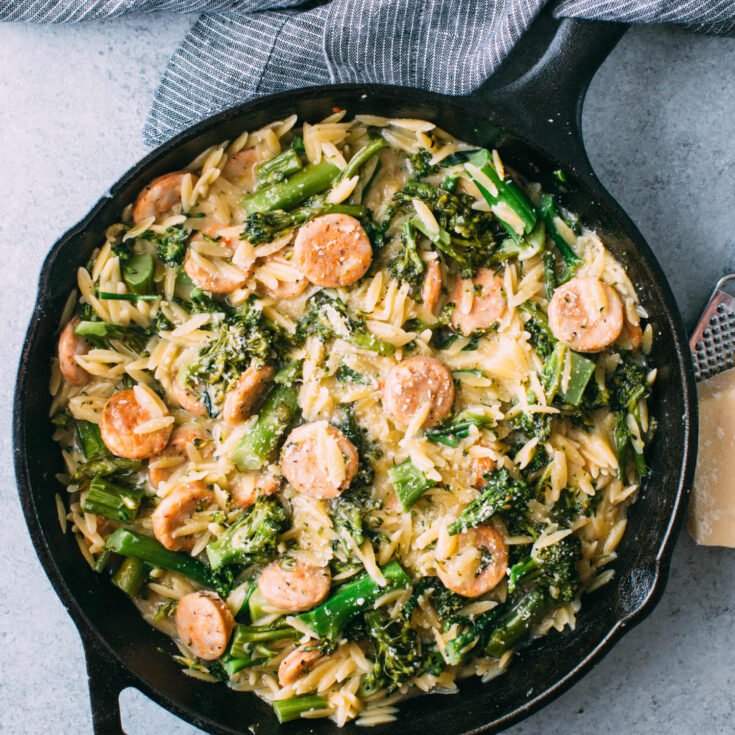 Broccolini, Chicken Sausage & Orzo Skillet