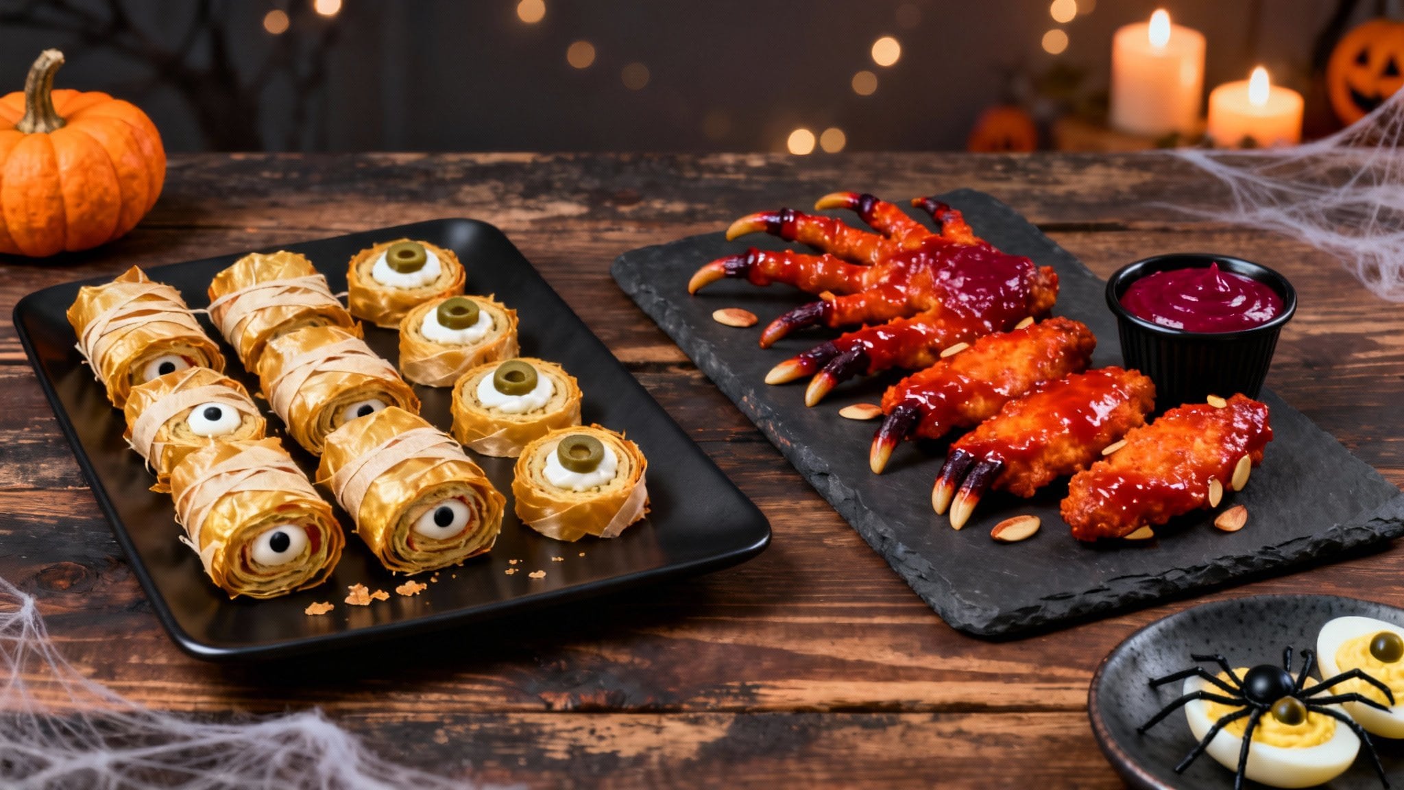 An image of various sweet and savory Halloween snacks.