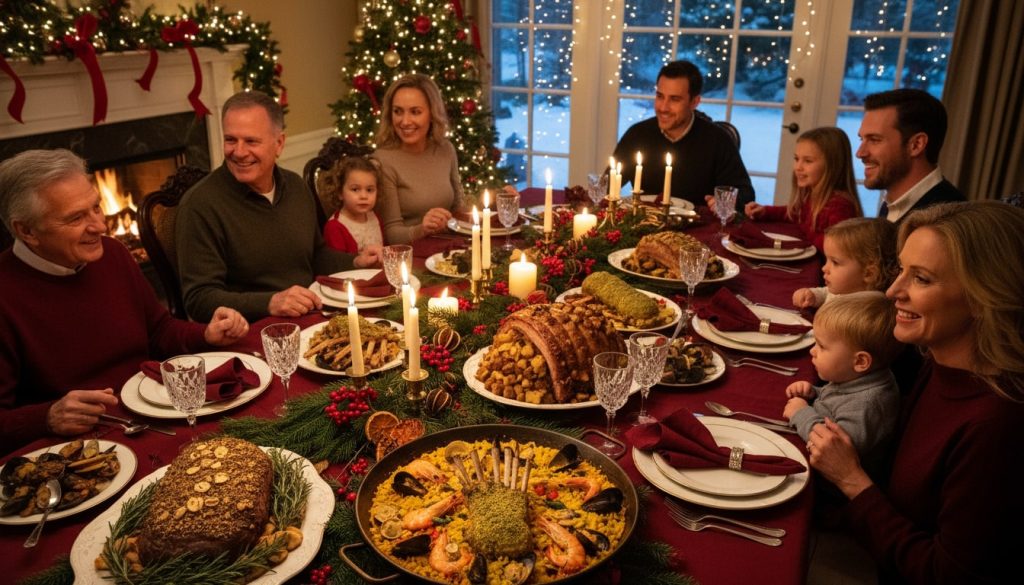a beautiful feature image showing a warm family gathering around the Christmas dinner table with multiple show-stopping dishes.