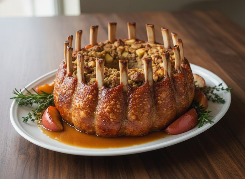 An image of the crown roast of pork with apple sausage stuffing and cider jus.