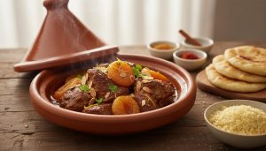 A traditional Moroccan lamb tagine with apricots and almonds in a clay tagine, styled with couscous and flatbreads.