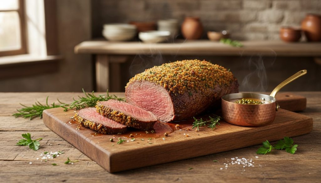 An image of a herb-crusted beef tenderloin with sauce.