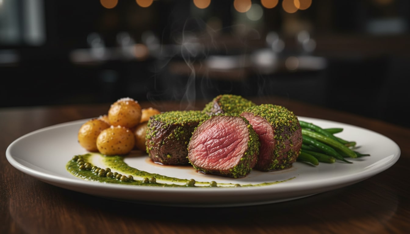 An image of sliced beef tenderloin served with green beans and potatoes.