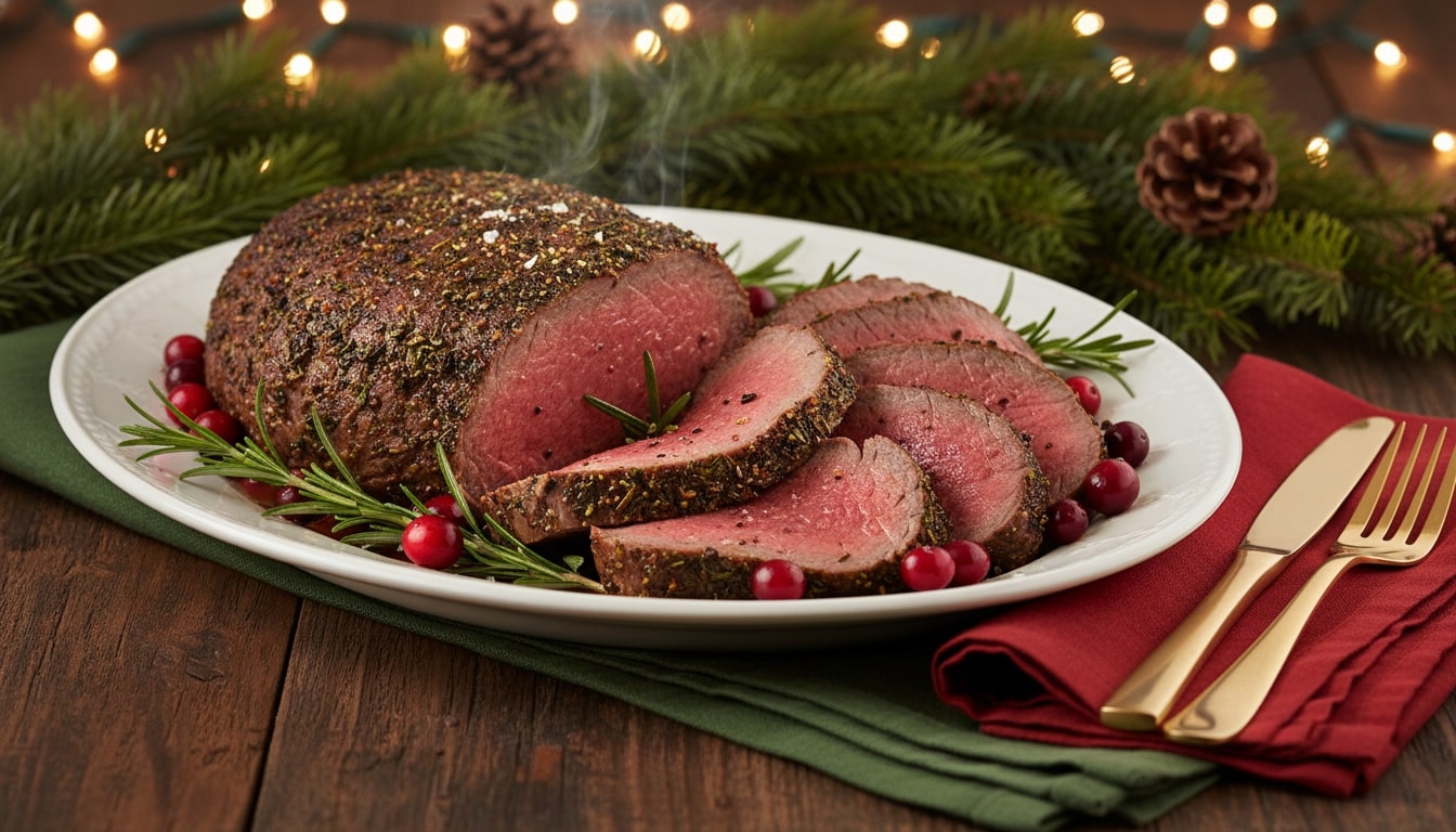 An image of sliced herb-crusted beef tenderloin.