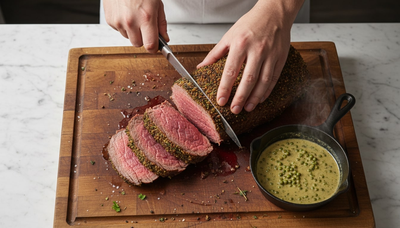 An image of sliced herb-crusted beef tenderloin.