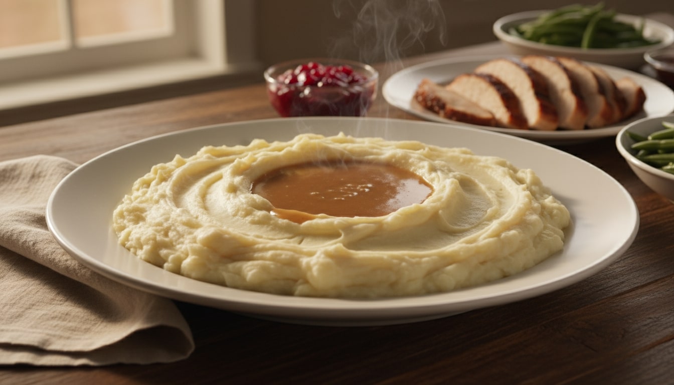 An image of mashed potatoes with gravy.