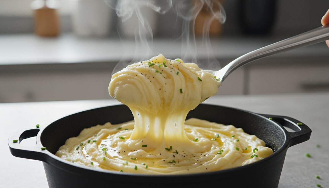 An image of a cheesy mashed potato pull.