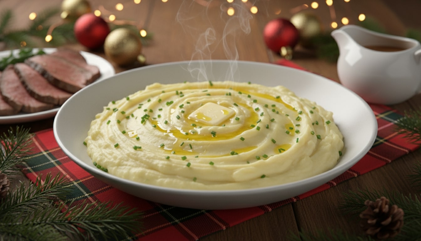 An image of mashed potatoes served during Christmas dinner.