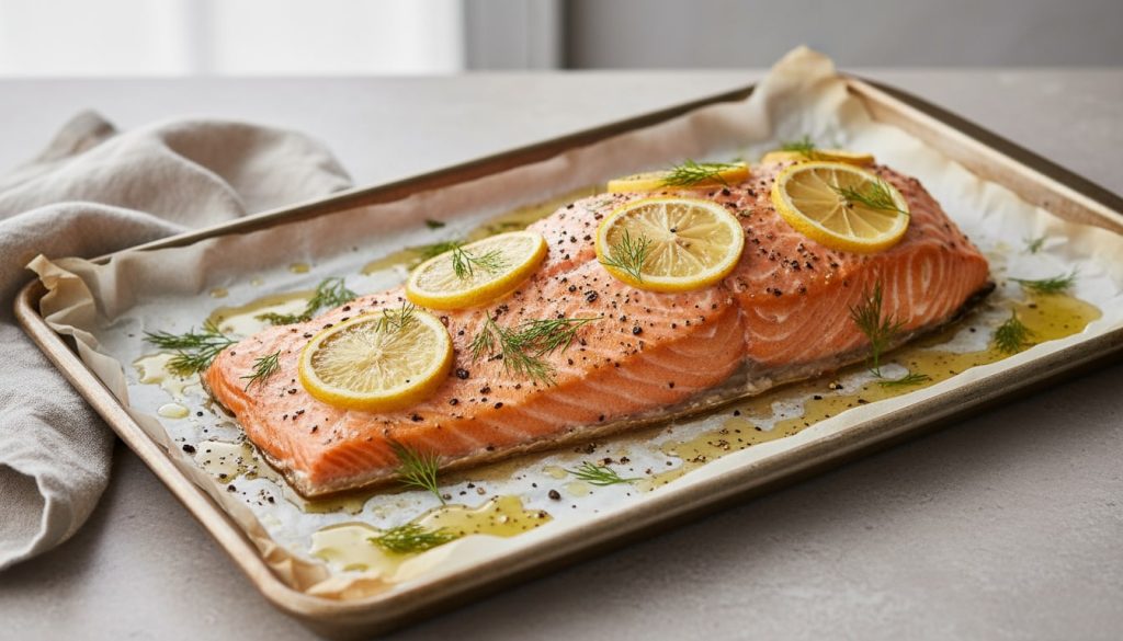 An image of an oven roasted salmon with sliced lemons.