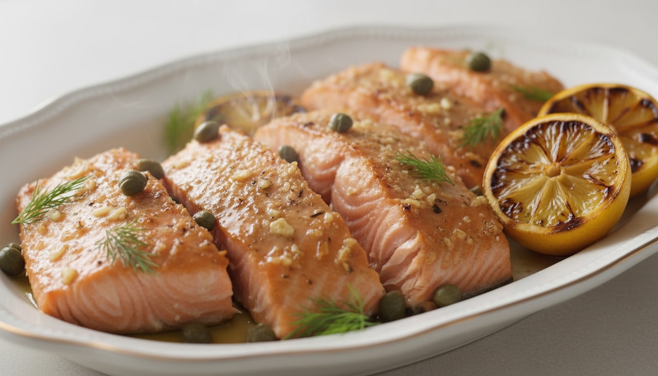 An image of oven roasted salmon served with roasted lemons.