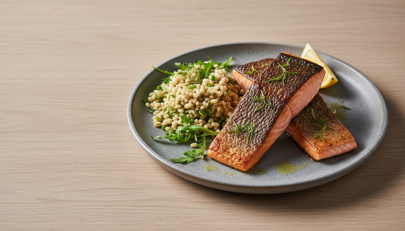 An image of oven roasted salmon served with couscous.