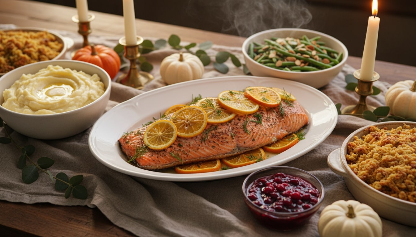 an image of oven roasted salmon served during Thanksgiving.