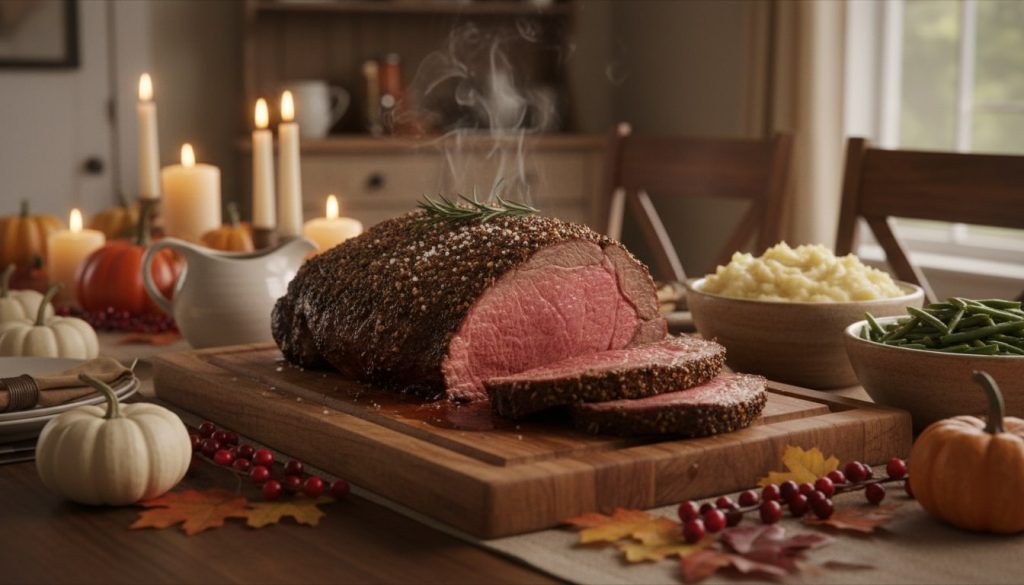 An image of a prime rib roast served during Thanksgiving dinner.