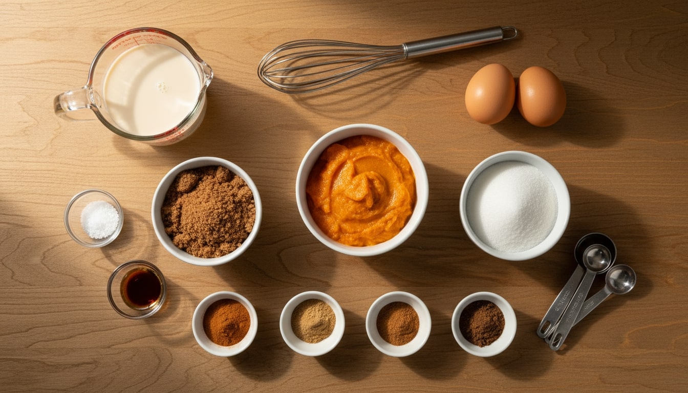 An image of ingredients flat lay with measured spices, dairy, eggs, and pumpkin puree.