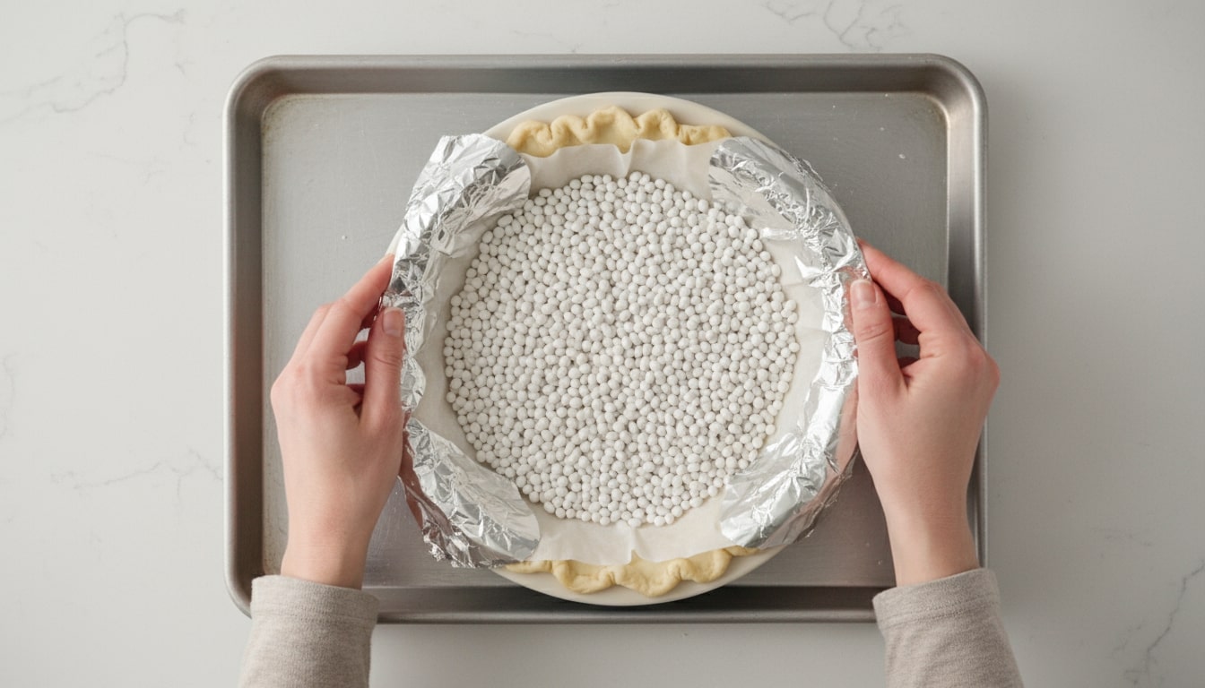 An image of a crust being blind baked for a pumpkin pie recipe.