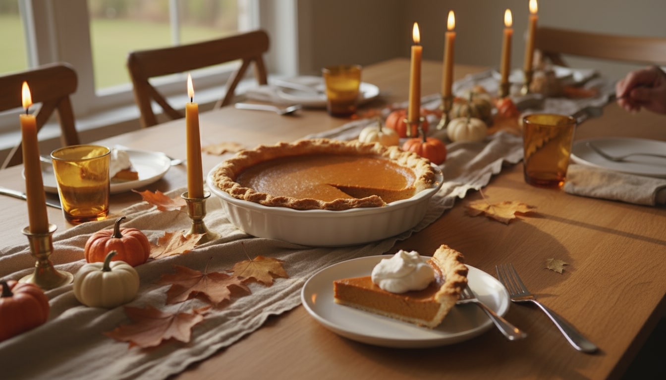 Festive tablescape with pumpkin pie centerpiece, mini pumpkins, leaves, and candles..