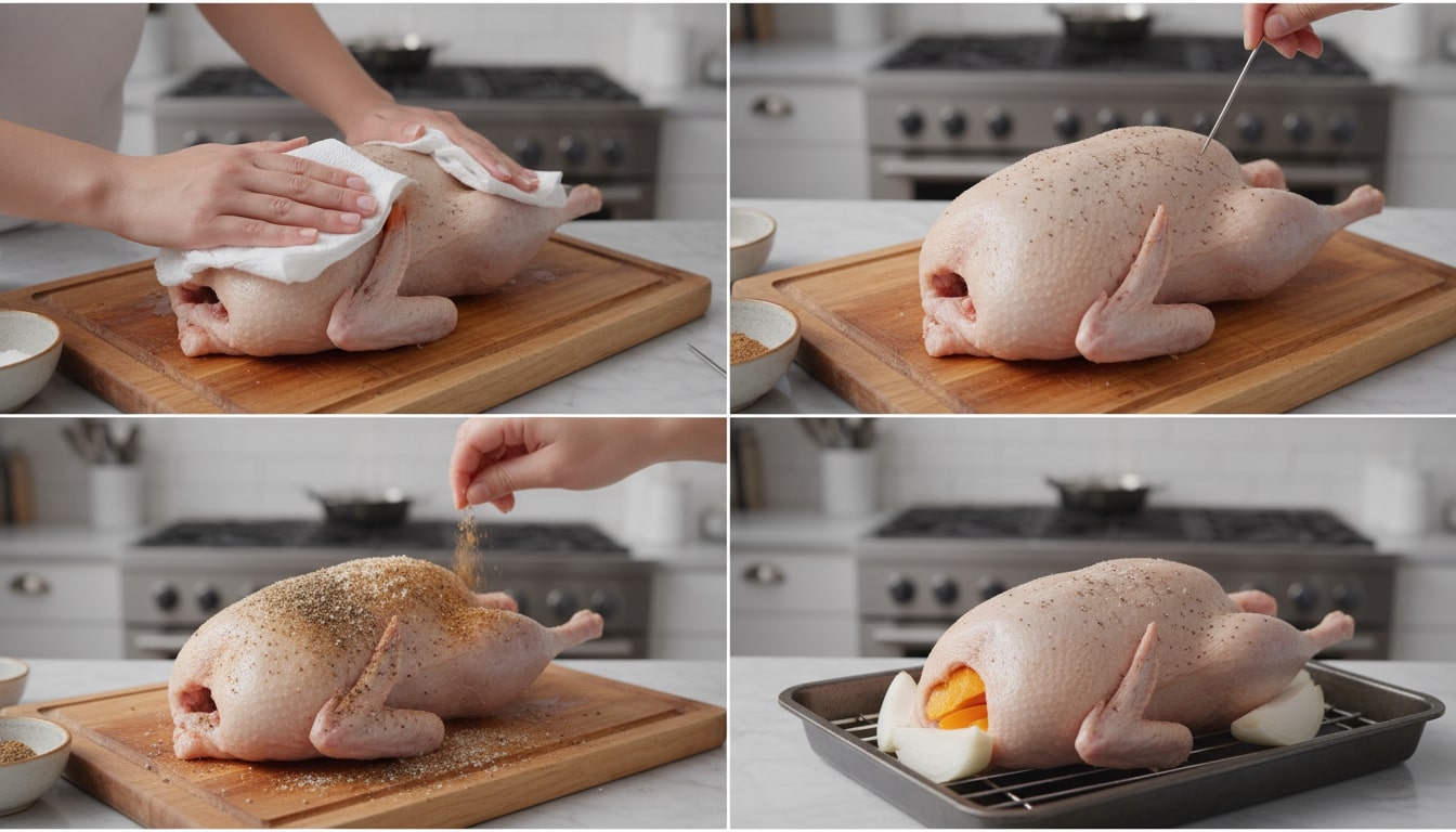 An image of a raw duck being prepared for roasting.