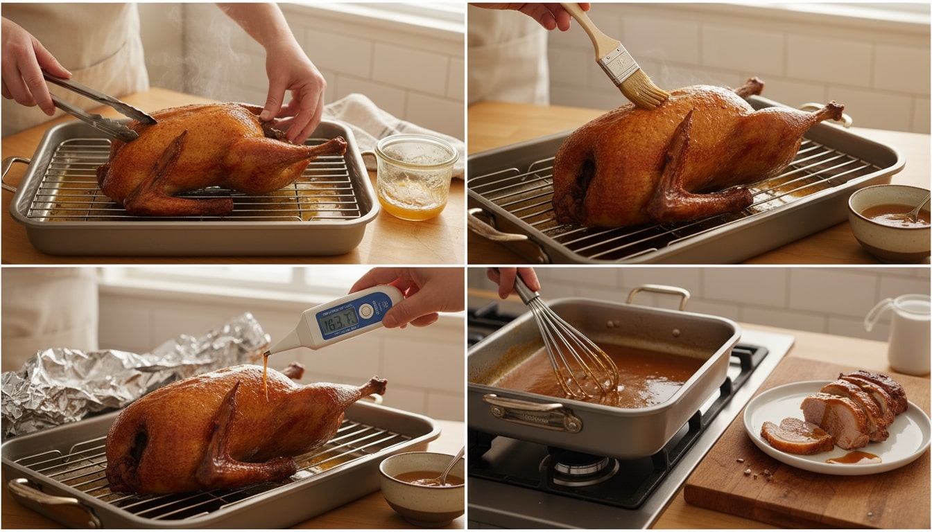 an image of a roast duck being rested while the drippings being turned into a sauce.