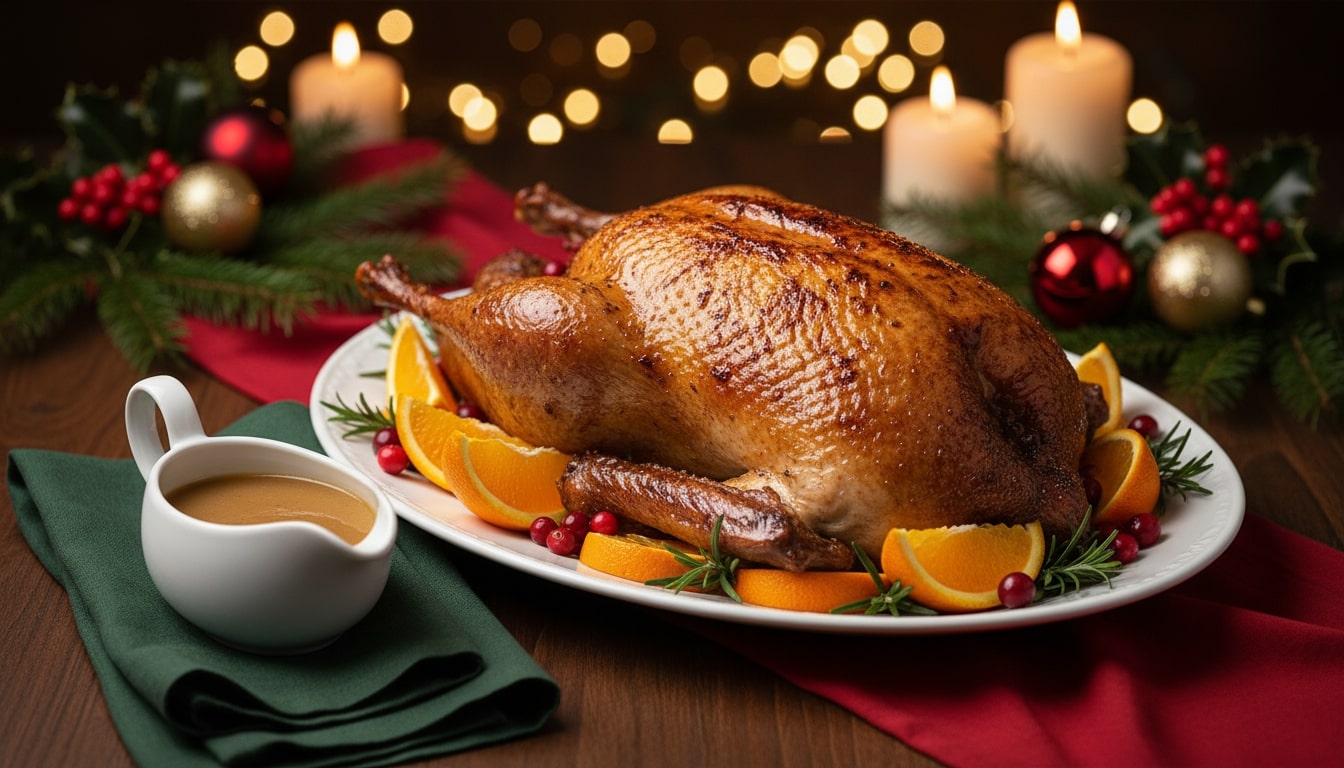 An image of a roast turkey prepared as a Christmas dinner entrée.