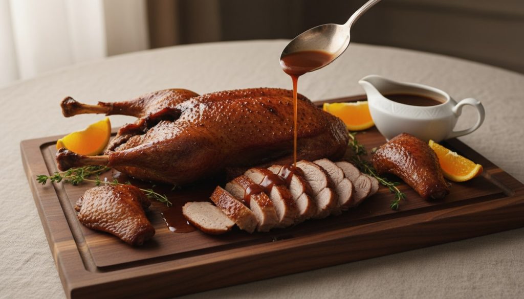 An image of a roast duck served with pan sauce.