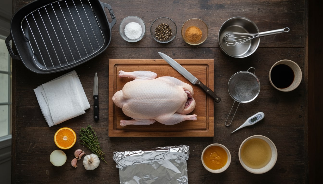 An image of a raw duck with various kitchenware and ingredients for a roast duck recipe.