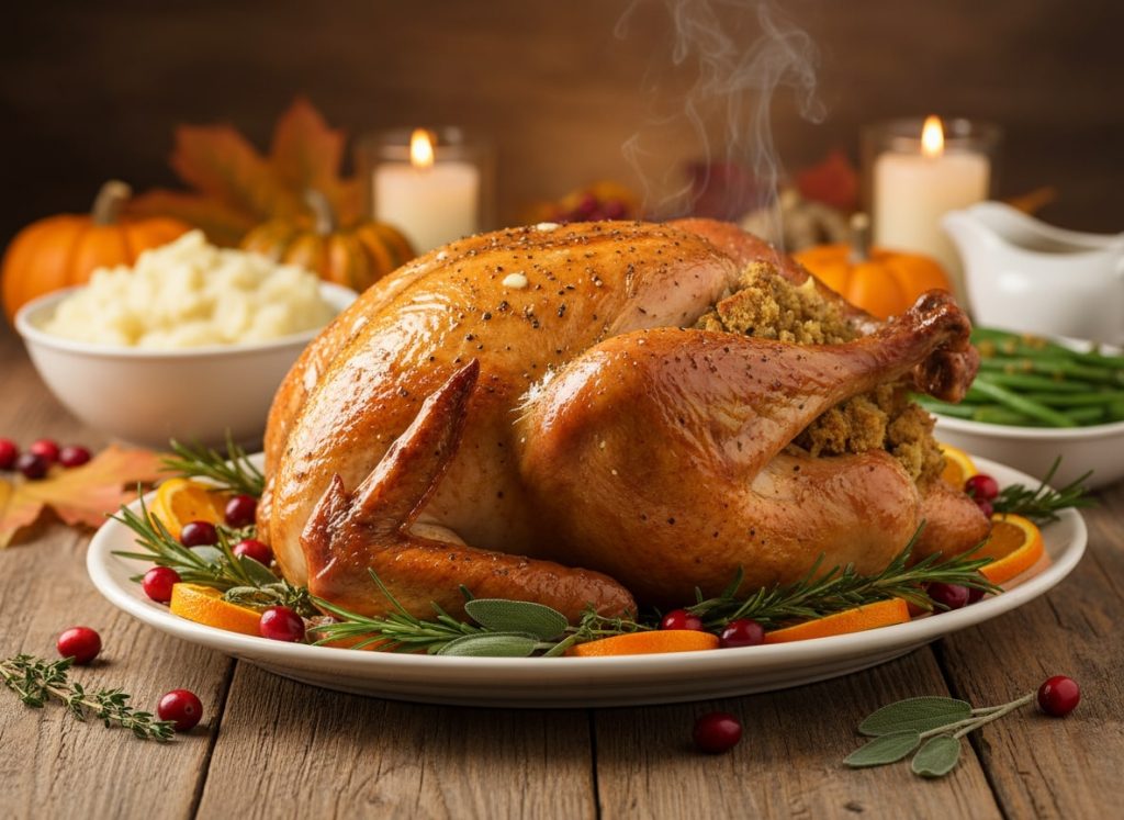 An image of a Thanksgiving turkey served with various side dishes.