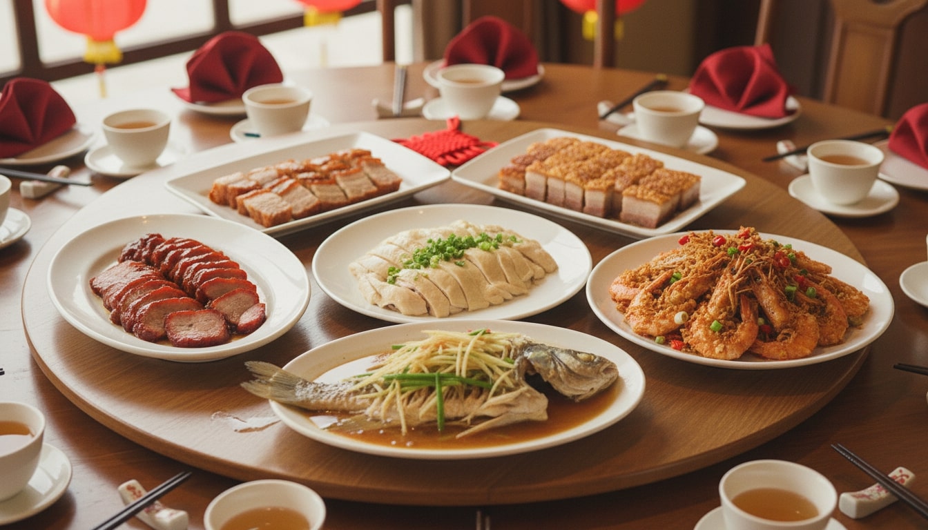 An image of the following Chinese New Year dishes: Char Siu (Cantonese Barbecued Pork, 叉烧)Siu Yuk (Cantonese Crispy Roast Pork Belly, 烧肉)Bai Qie Ji (Cantonese White Cut Chicken, 白切鸡)Qing Zheng Yu (Cantonese-Style Steamed Whole Fish, 清蒸鱼)Jiao Yan Xia (Salt And Pepper Prawns, 椒盐虾)