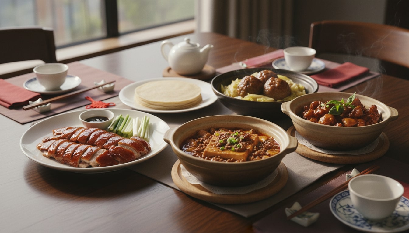 An image of the following Chinese New Year Dishes: Peking Duck (Roast Duck With Pancakes, 北京烤鸭)Mapo Tofu With Pork (Mapo Tofu With Pork, 麻婆豆腐)San Bei Ji (Three-Cup Chicken, 三杯鸡)Shi Zi You (Lion's Head Meatballs, 狮子头)