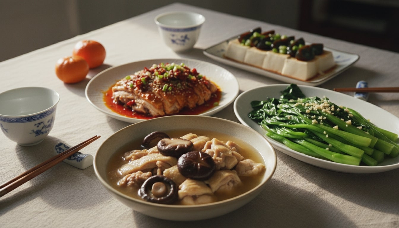 Zhēng Jī Xiānggū (Steamed Chicken With Mushrooms, 香菇蒸鸡)Qing Chao Jie Lan (Gai Lan With Garlic, 清炒芥蓝)Kou Shui Ji (Mouthwatering Chicken, 口水鸡)Pi Dan Dou Fu (Century Egg Tofu, 皮蛋豆腐)
