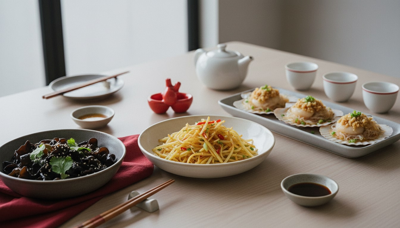 An image of the following Chinese New Year Dishes: u Liu Tu Dou Si (Vinegar-Sizzled Shredded Potatoes, 醋溜土豆丝)Suan Rong Fen Si Zheng Shan Bei (Garlic Vermicelli Steamed Scallops, 蒜蓉粉丝蒸扇贝)Liang Ban Mu Er (Cold Dressed Wood Ear Mushrooms, 凉拌木耳)