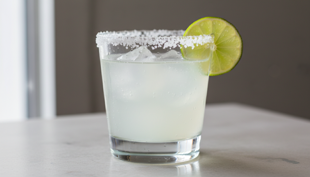 Classic Margarita Hero Shot with half salt rim and lime wheel in natural light.