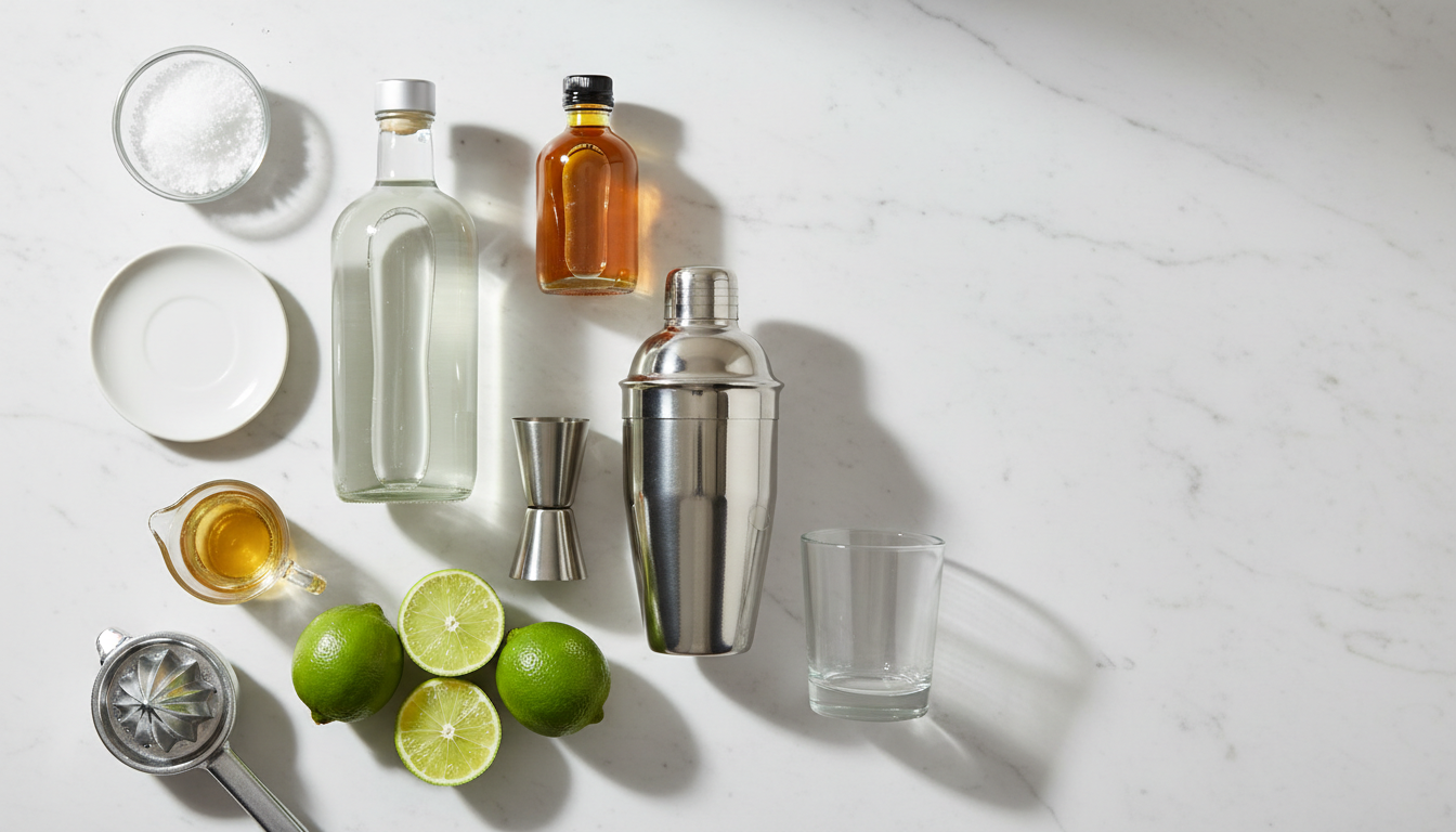 Clean Flat Lay of Ingredients and Tools on white marble.